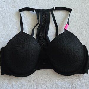 NWT VS PINK lightly lined Lace front closure racerback bra 34D Black
